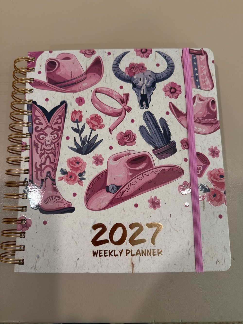 17 month, Aug 2026 - Dec 2027 Pink Western Weekly Planner with gold stickers